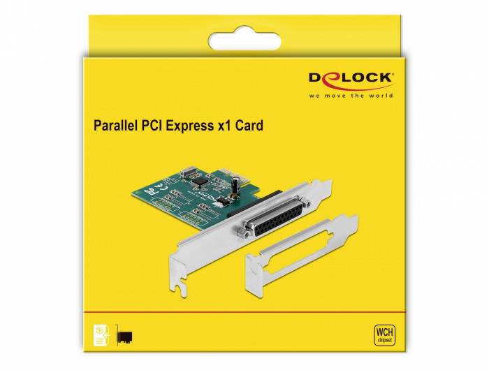 Verpackung einer Delock Parallel PCI Express x1 Karte mit Abbildung der Karte und Montagematerial. Produkt für Computererweiterung.