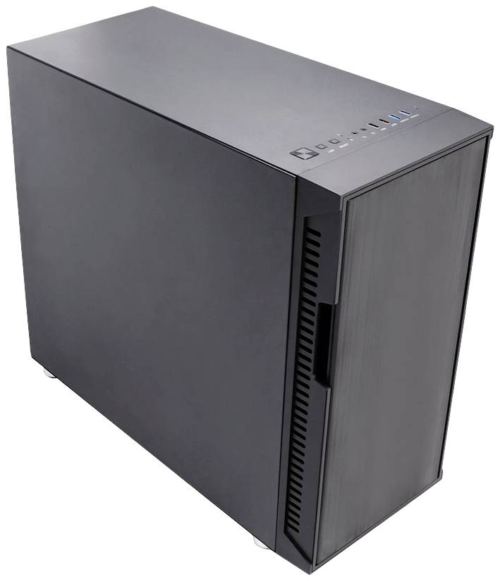 Schwarzes Computergehäuse mit glatter Oberfläche und Anschlüssen an der Vorderseite, einschließlich USB-Ports und Power-Taste.