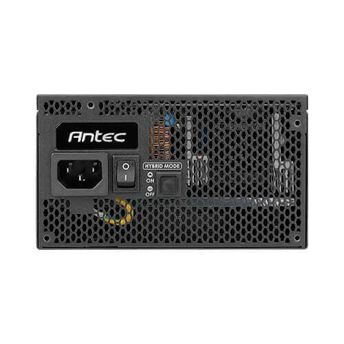 Antec Netzteil-Rückseite mit Netzkabelanschluss, Schalter für hybriden Modus. Schwarzes Gehäuse mit Gitterdesign für Kühlung.