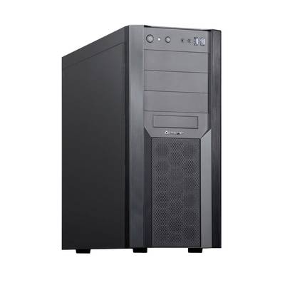 Schwarzer Computer-Tower mit mehreren Laufwerksschächten, USB-Anschlüssen und Belüftungsgitter vorne.