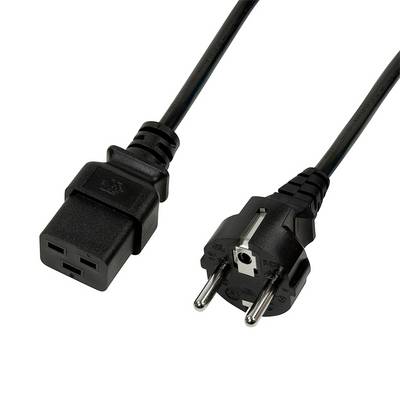 Ein schwarzes Netzkabel mit einem C13-Stecker auf der einen Seite und einem Schuko-Stecker auf der anderen Seite, verwendet für elektrische Geräte.