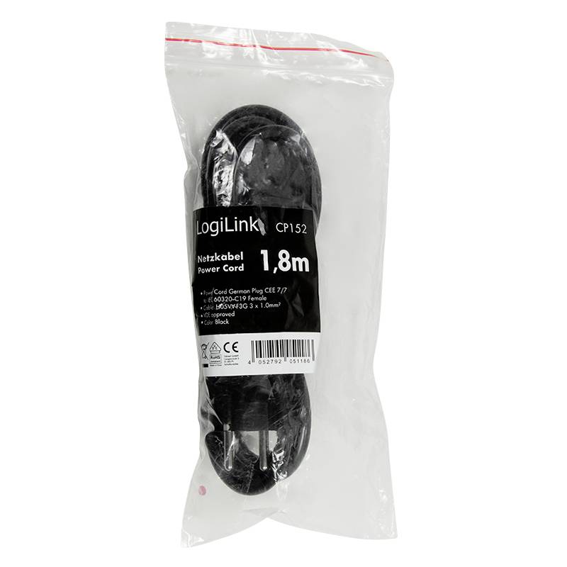Stromkabel 'LogiLink CP152', 1,8m Länge, verpackt in einer transparenten Plastikhülle mit Etikett.