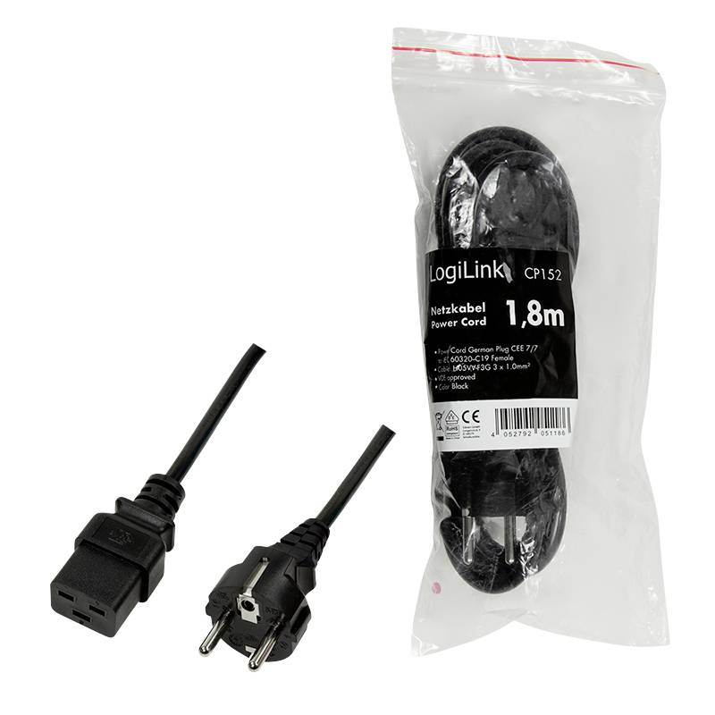 Ein schwarzes LogiLink-Netzkabel, 1,8 m, mit Euro-Stecker und Kaltgerätestecker. Verpackung neben dem Kabel abgebildet.