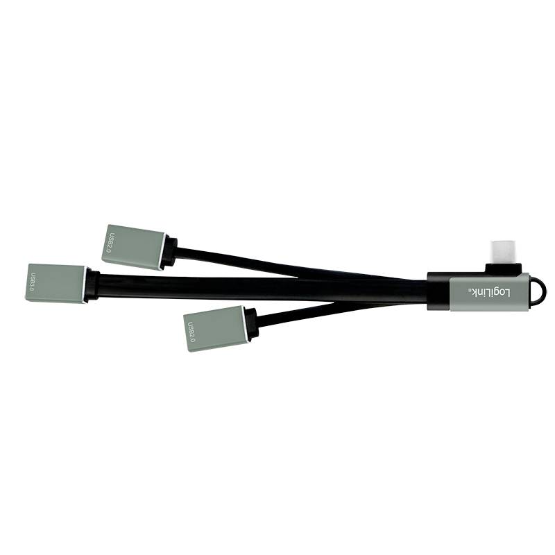 Ein Adapterkabel mit drei verschiedenen Steckertypen (USB-C, Lightning, Micro-USB) und schwarzem Kabel.