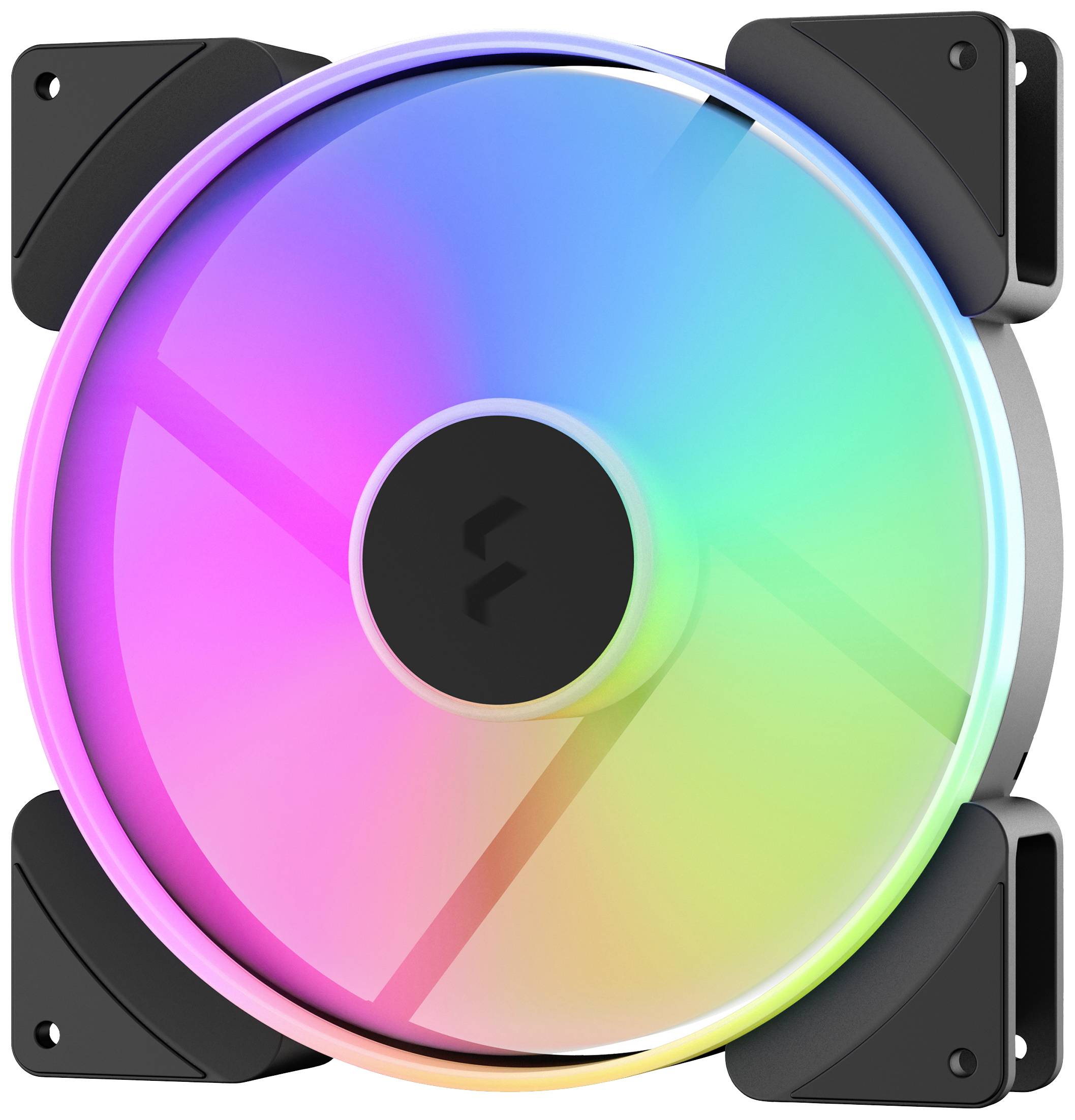 Ein runder Computerlüfter mit RGB-Beleuchtung, die in verschiedenen Farben leuchtet, montiert in einer quadratischen Halterung.