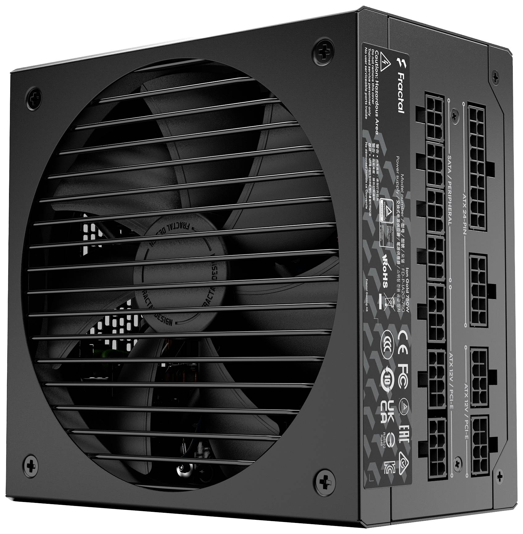Ein schwarzes Computernetzteil mit Lüfter und mehreren Anschlüssen an der Seite. Es trägt verschiedene technische Markierungen und Symbole.