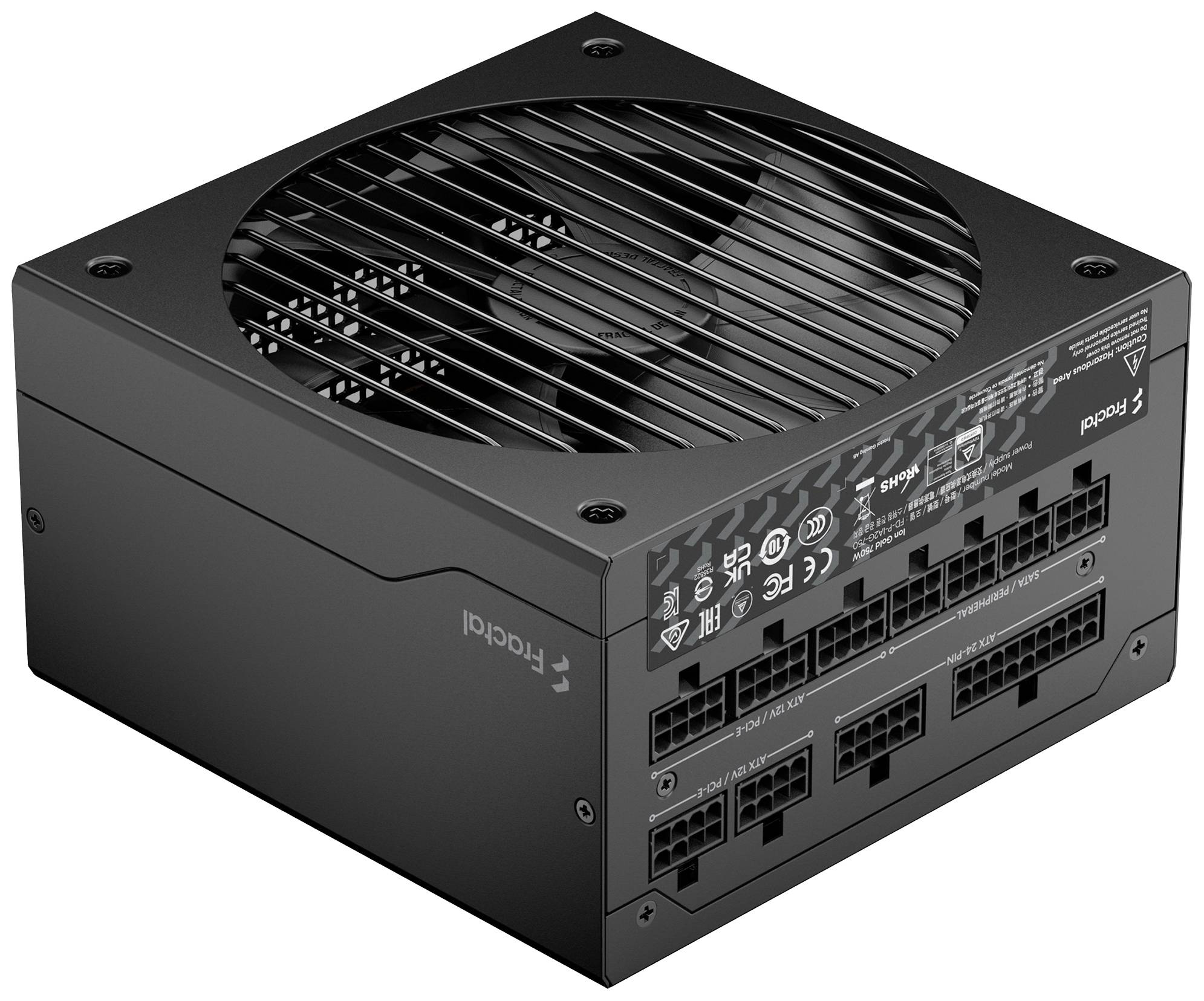 Schwarzes PC-Netzteil mit großem Lüfter oben und mehreren Anschlusssteckplätzen an der Vorderseite. Beschriftungen für Funktionen erkennbar.