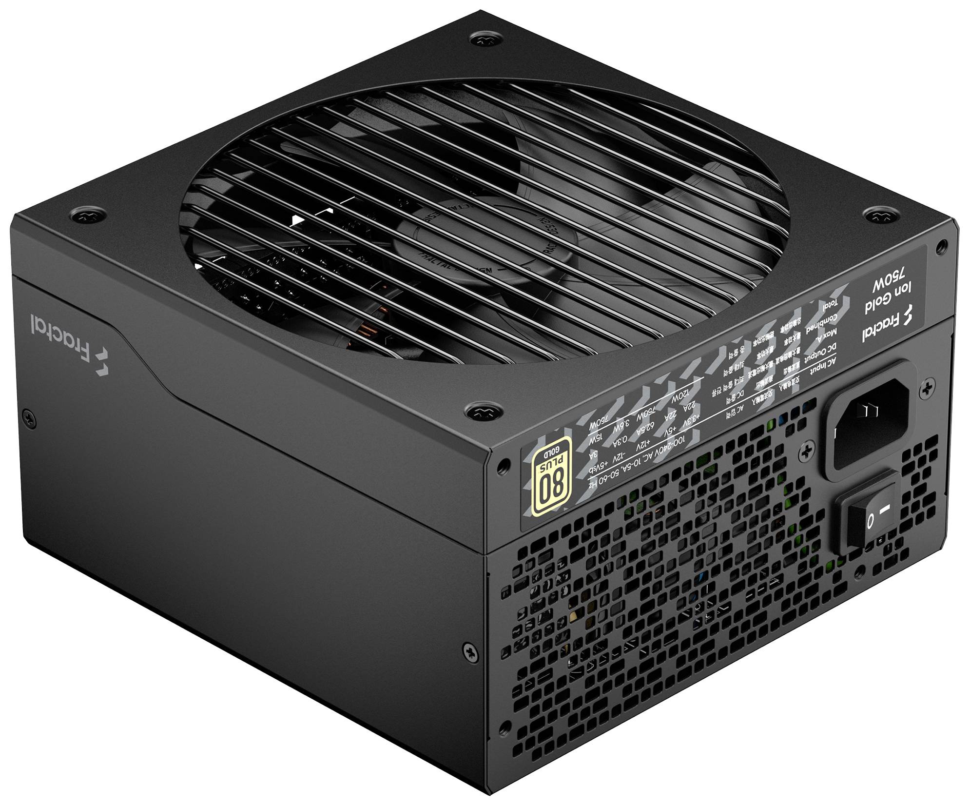 Schwarzes PC-Netzteil mit Lüfter oben, Stromanschluss und Netzschalter an der Seite. Beschriftungen und Zertifizierungen sichtbar.