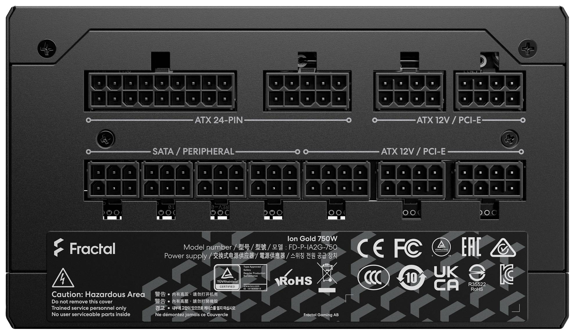 'Fractal Ion Gold 750W'-Netzteil-Rückansicht mit verschiedenen Stromanschlüssen wie ATX 24-Pin, ATX 12V/PCIe, SATA/Peripherie.