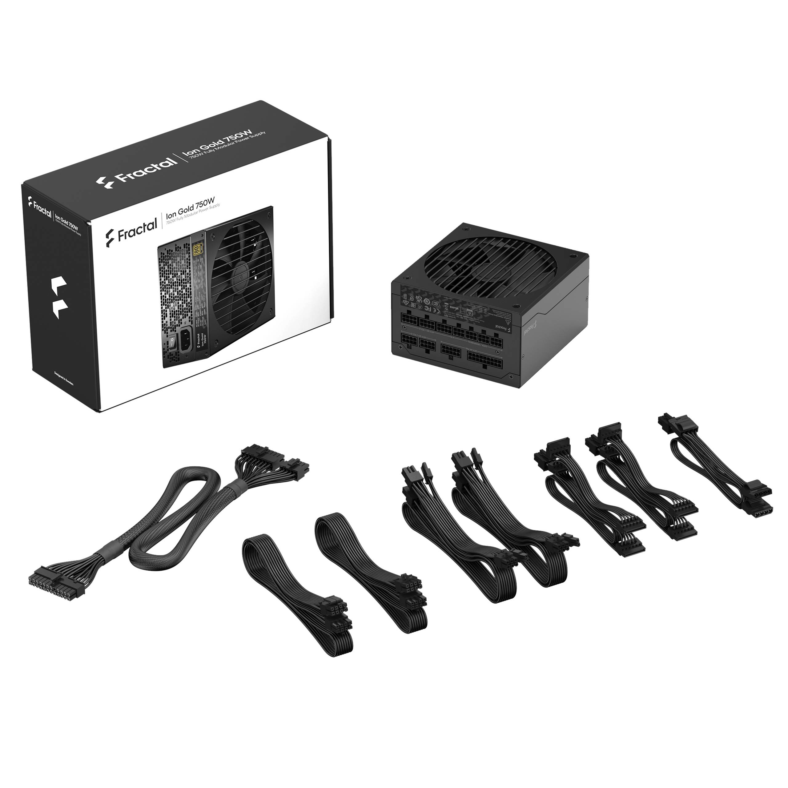 Ein modulares Netzteil mit verschiedenen Kabeln liegt neben der Verpackung, die Marke und Modell zeigt. Ideal für PC-Bau.