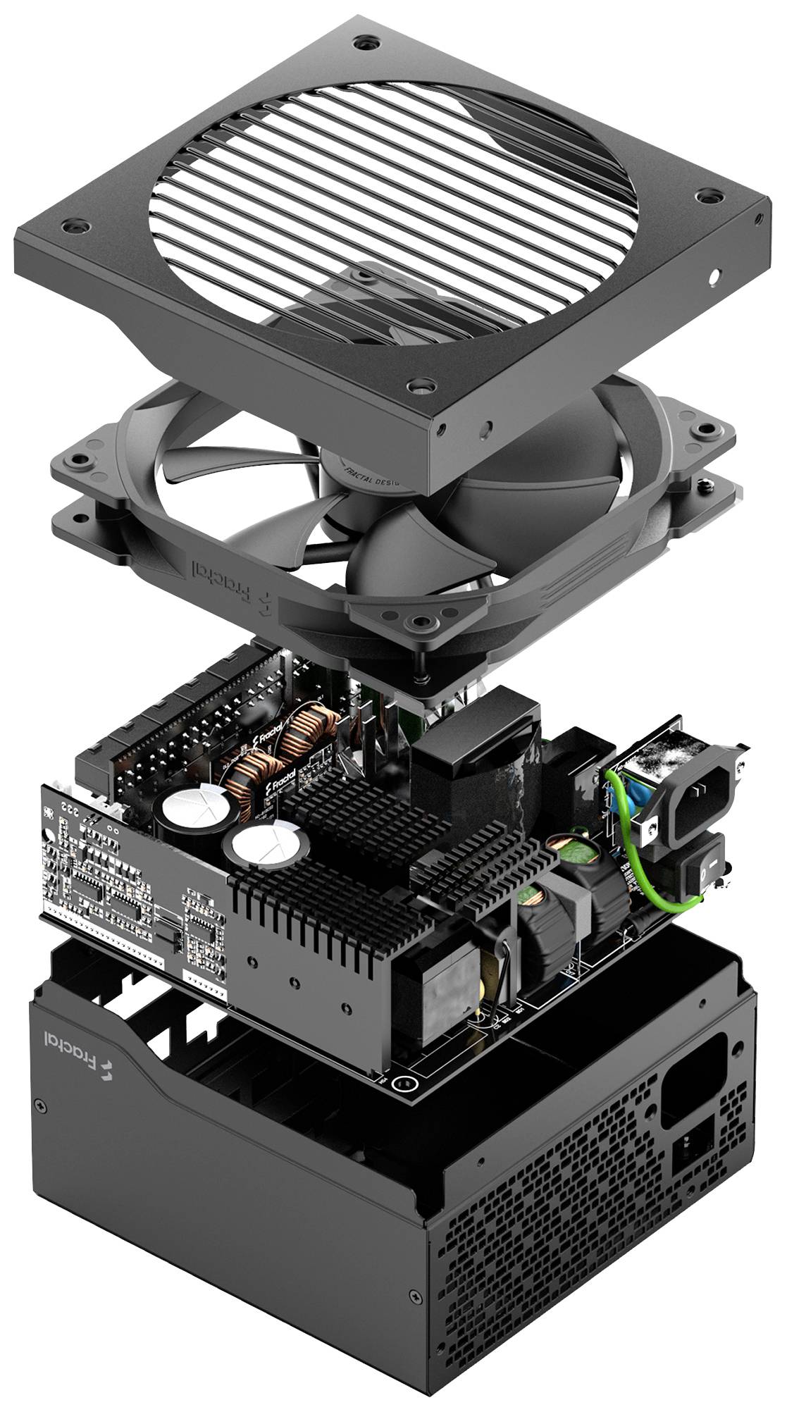 Explosionsansicht eines Computernetzteils: Gehäuse, Lüfter, elektronische Bauteile. Darstellung interner Struktur und Komponenten.
