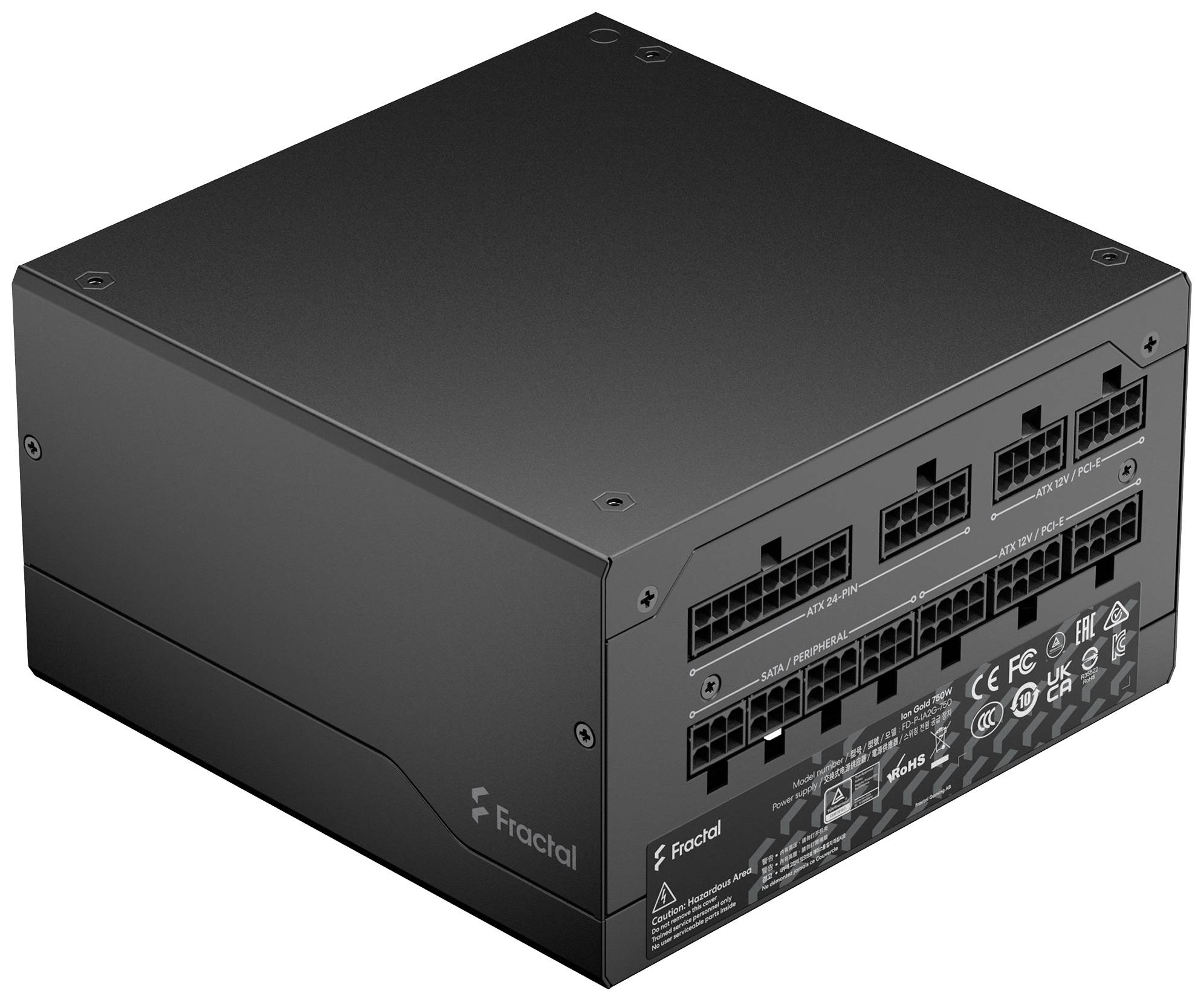 'Schwarzes PC-Netzteil mit modularen Anschlüssen an der Vorderseite. Markenname und verschiedene technische Symbole sichtbar.'