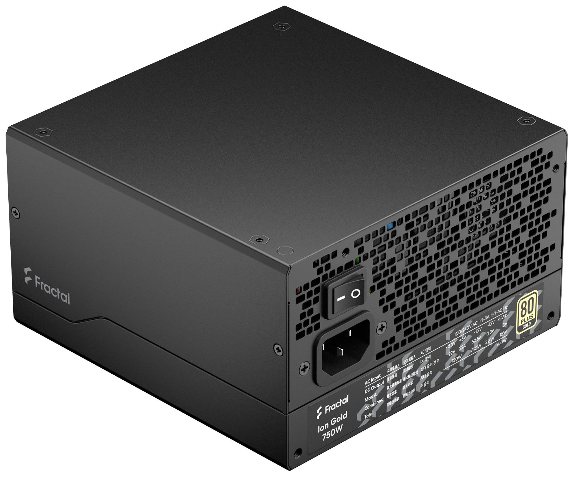 Ein schwarzes Fractal Ion Gold 750W PC-Netzteil mit Lüftungsgitter und Stromanschluss. Es hat das 80 Plus Gold-Zertifikat für Energieeffizienz.