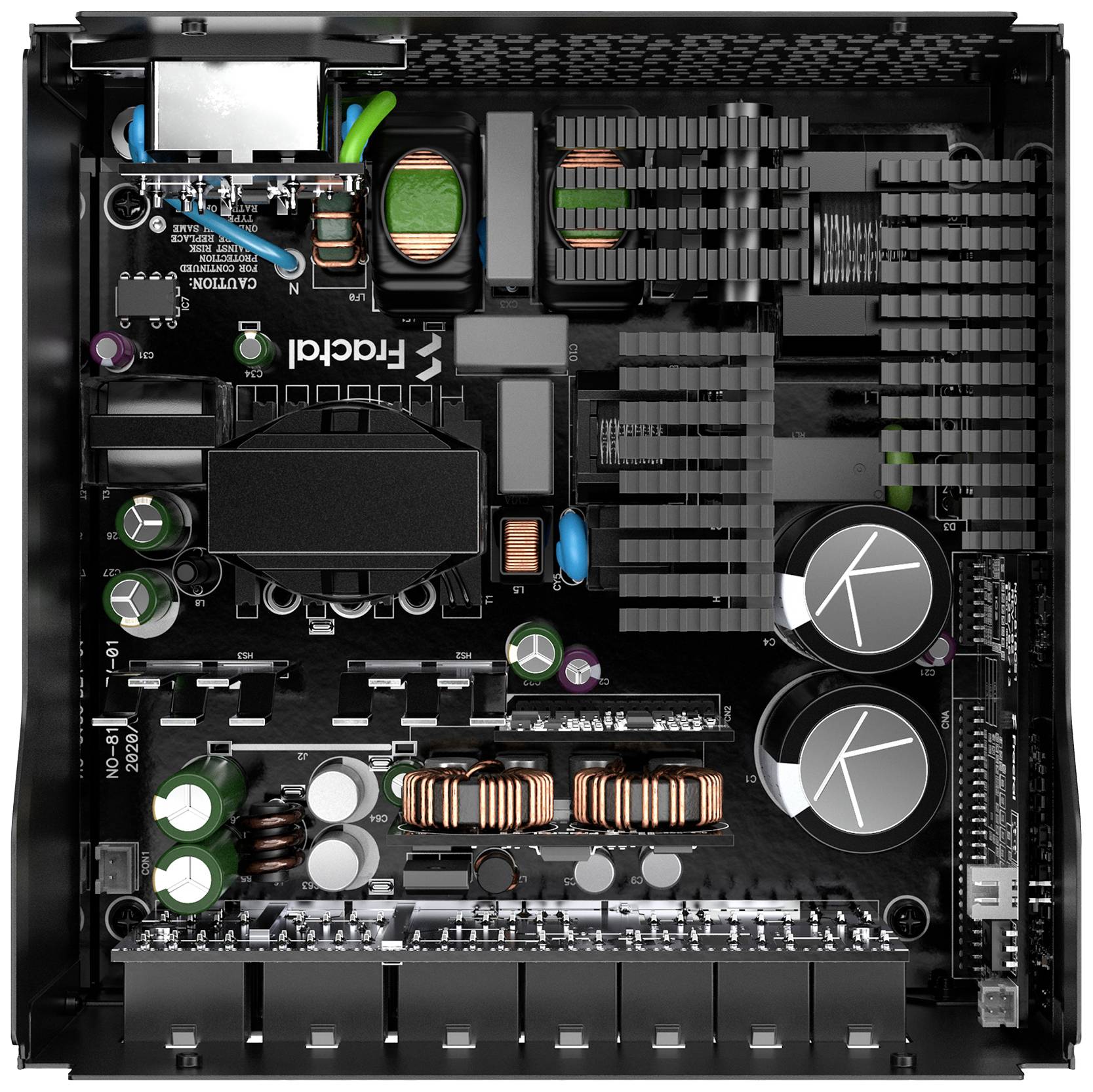 Ein geöffneter Computer-Netzteilkasten zeigt Schaltkreise, Kondensatoren und Spulen, die für die Stromversorgungsregelung wichtig sind.