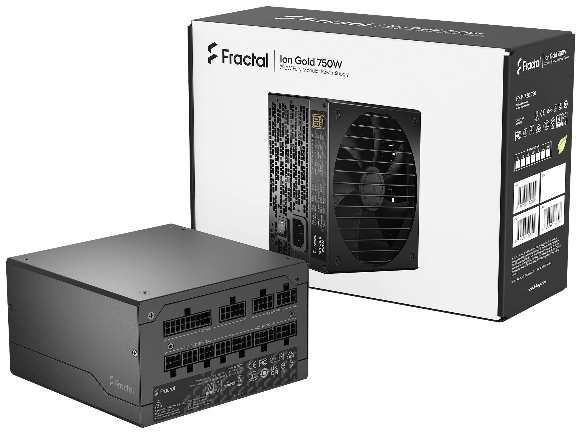 Fractal Ion Gold 750W Netzteil und Verpackung; schwarz, zeigt diverse Anschlüsse.