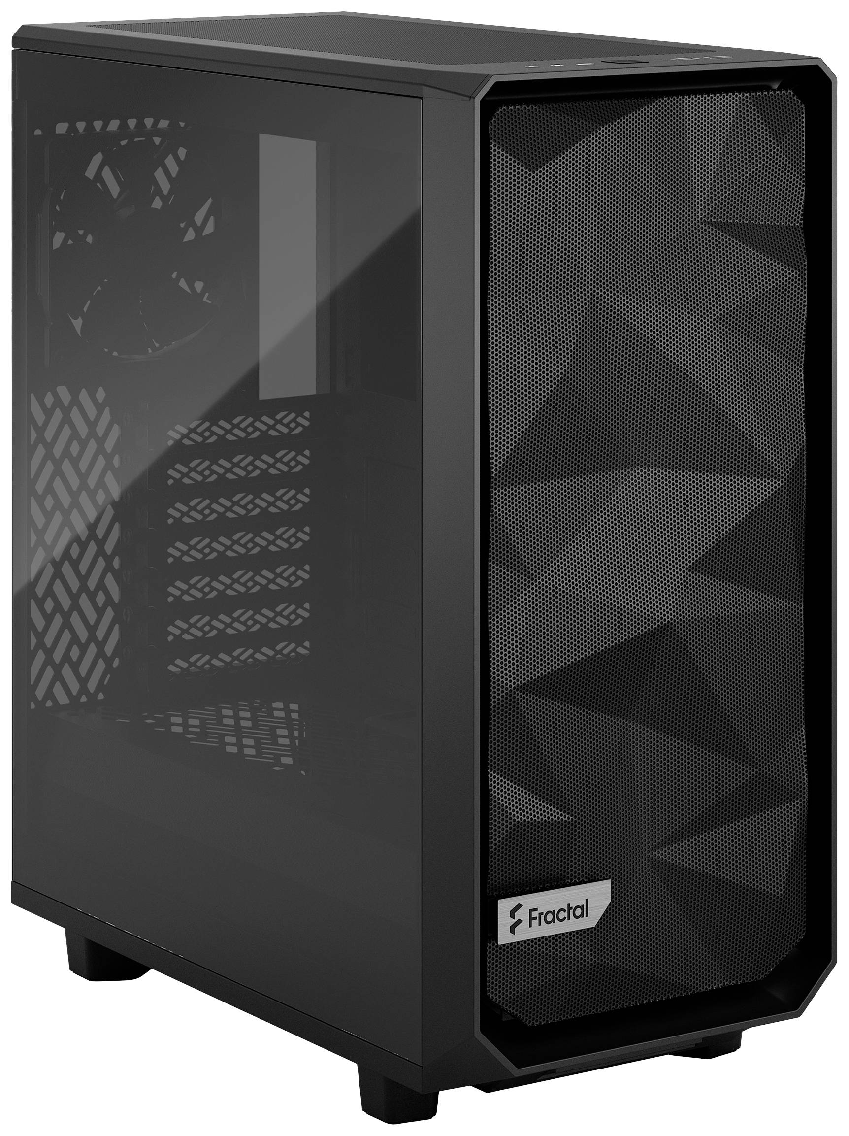 Gehäuse eines Fractal-Computers mit Mesh-Front und transparentem Seitenteil, geeignet für PC-Bau und effiziente Kühlung.