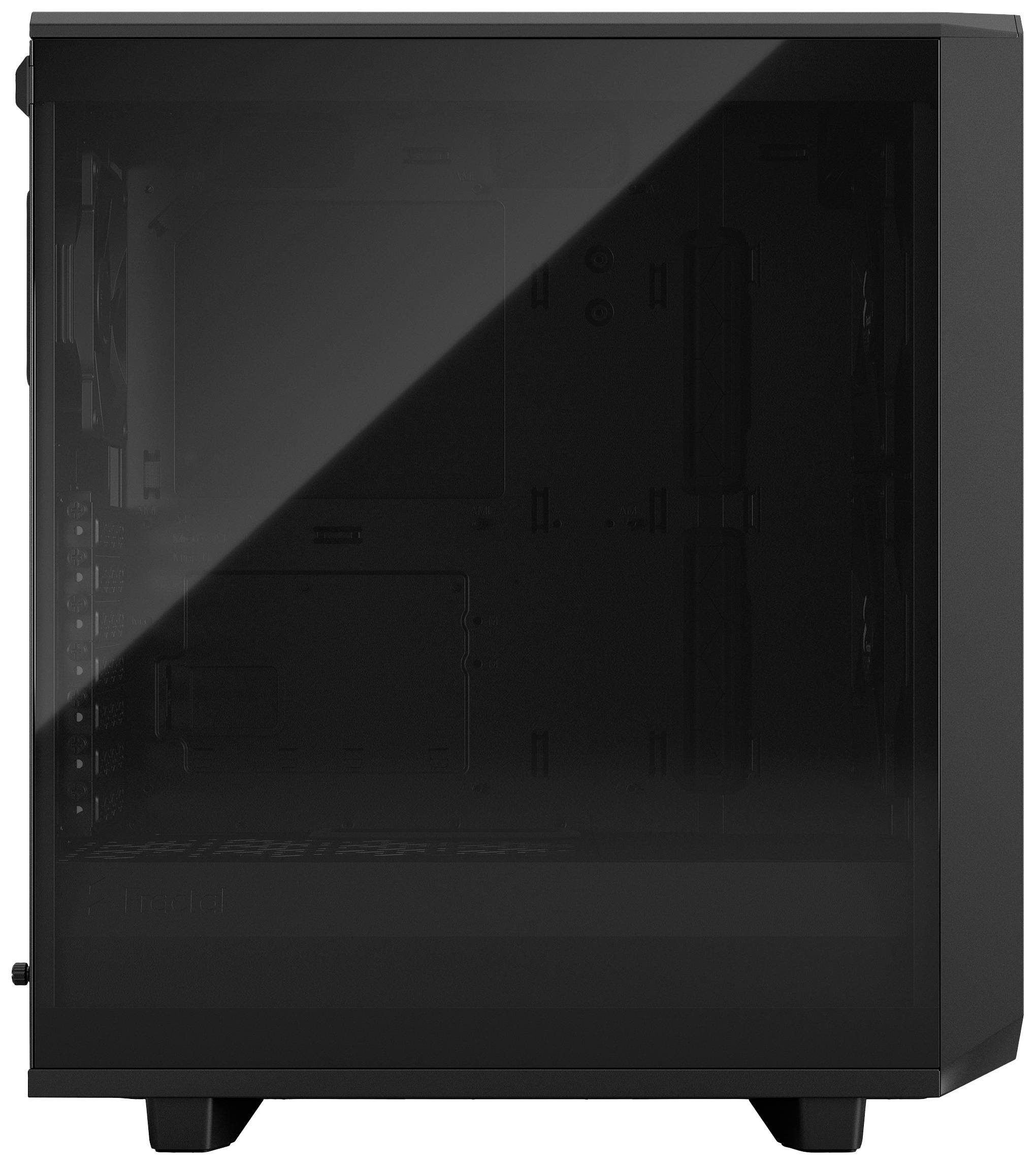 Ein schwarzes PC-Gehäuse mit einer transparenten Seitenwand, geeignet zur Präsentation von Computerhardware im Inneren.