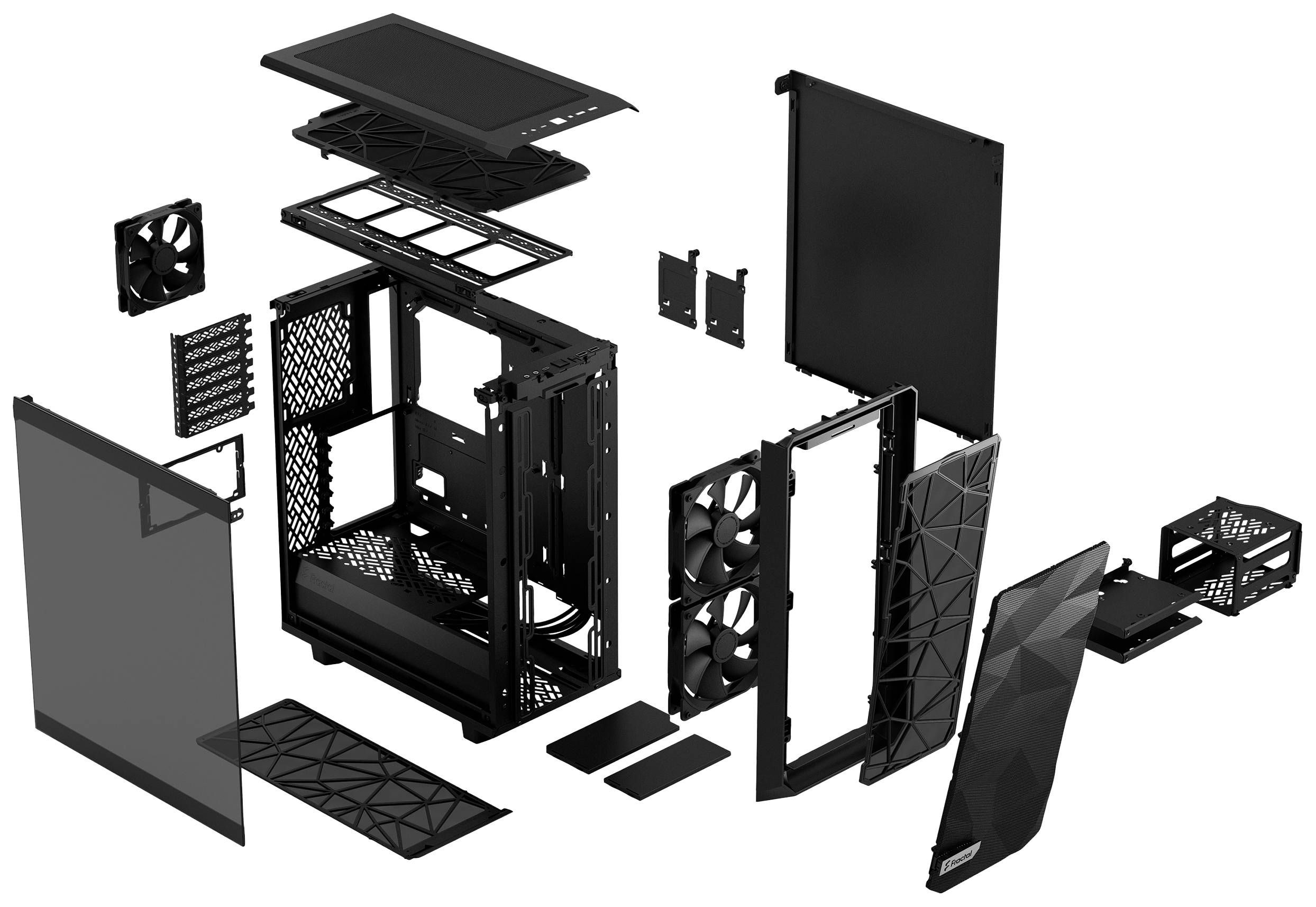 Explodierte Ansicht eines Computergehäuses mit Teilen wie Seitenteilen, Lüftern und Rahmen verteilt um das zentrale Chassis.
