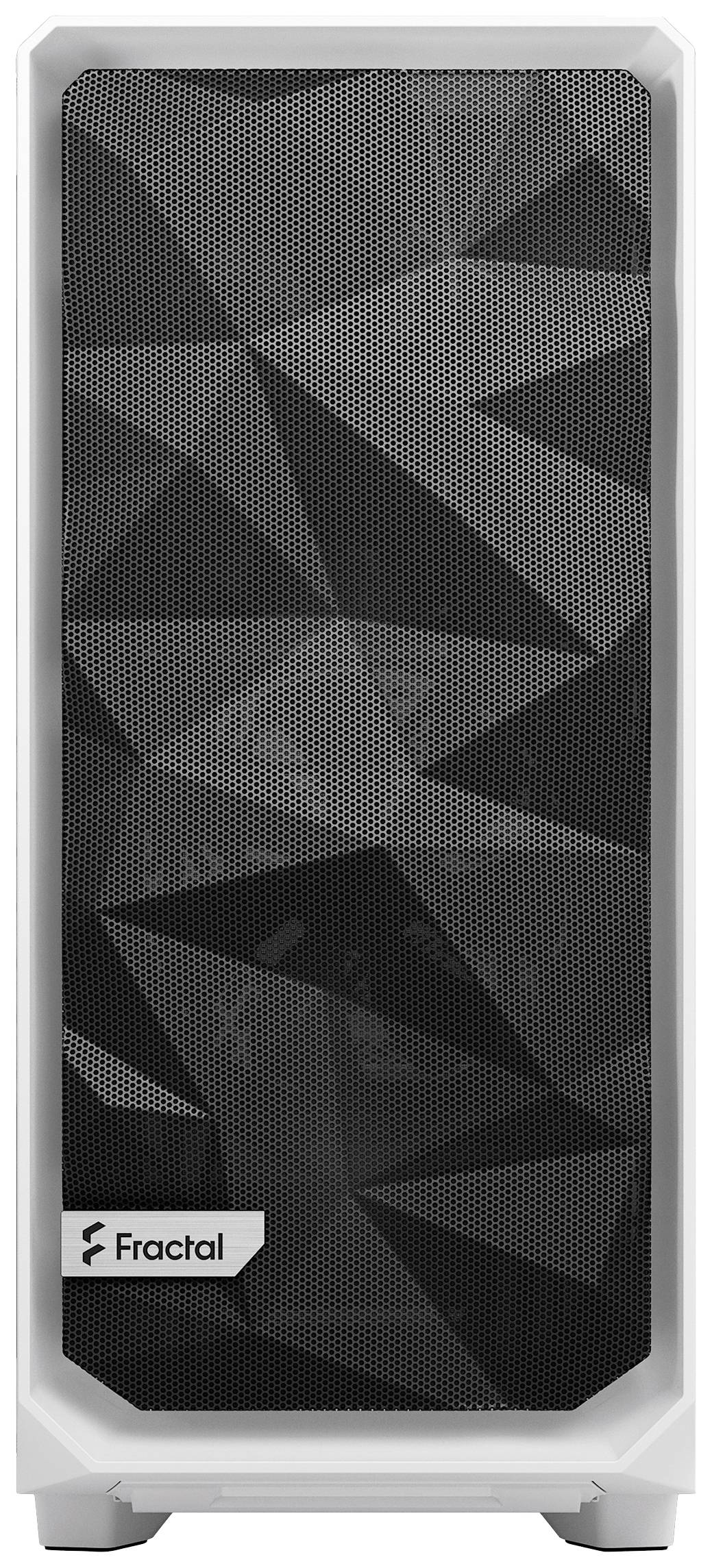 'Fractal' PC-Gehäuse mit schwarzer Mesh-Front und geometrischem Designmuster, geeignet für Computerhardware und Belüftung.