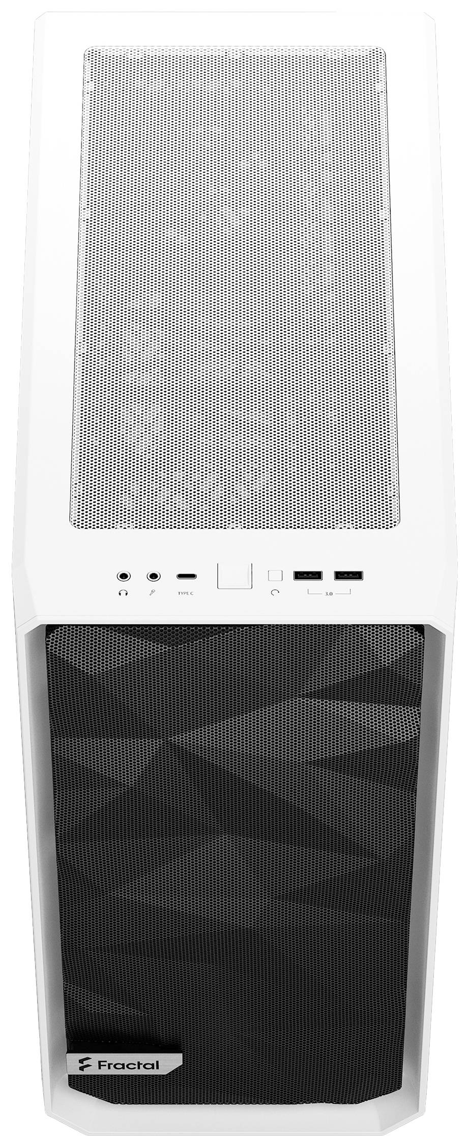 Weißes Computergehäuse mit modernen Lüftungsschlitzen und schwarzen Akzenten. Es zeigt zwei USB-Anschlüsse, Audiobuchsen und Bedienelemente.