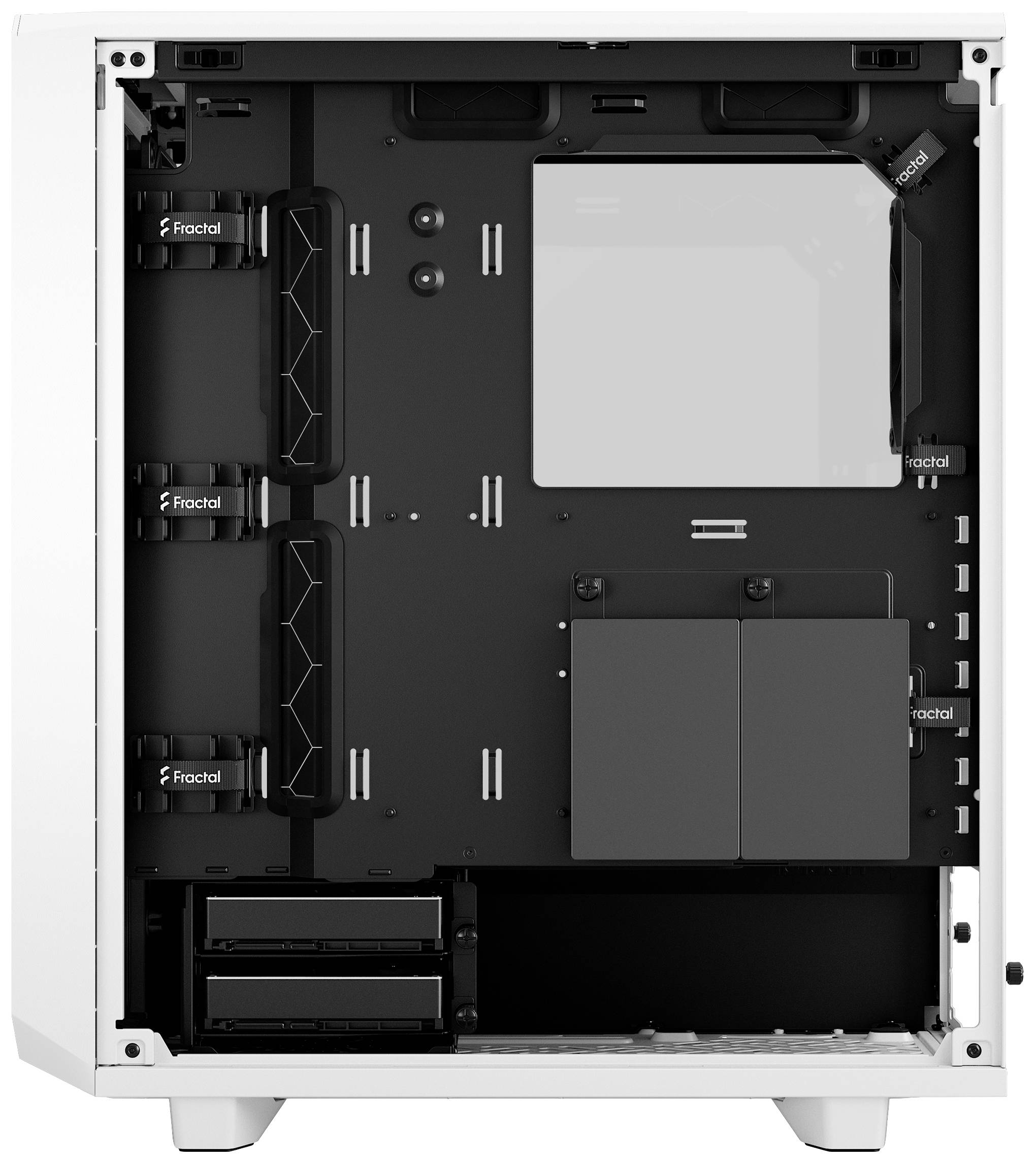 Ein leeres, weißes Computergehäuse von innen mit Sichtfenster. Es zeigt Platz für Mainboard, Festplatten und Kabelmanagement.