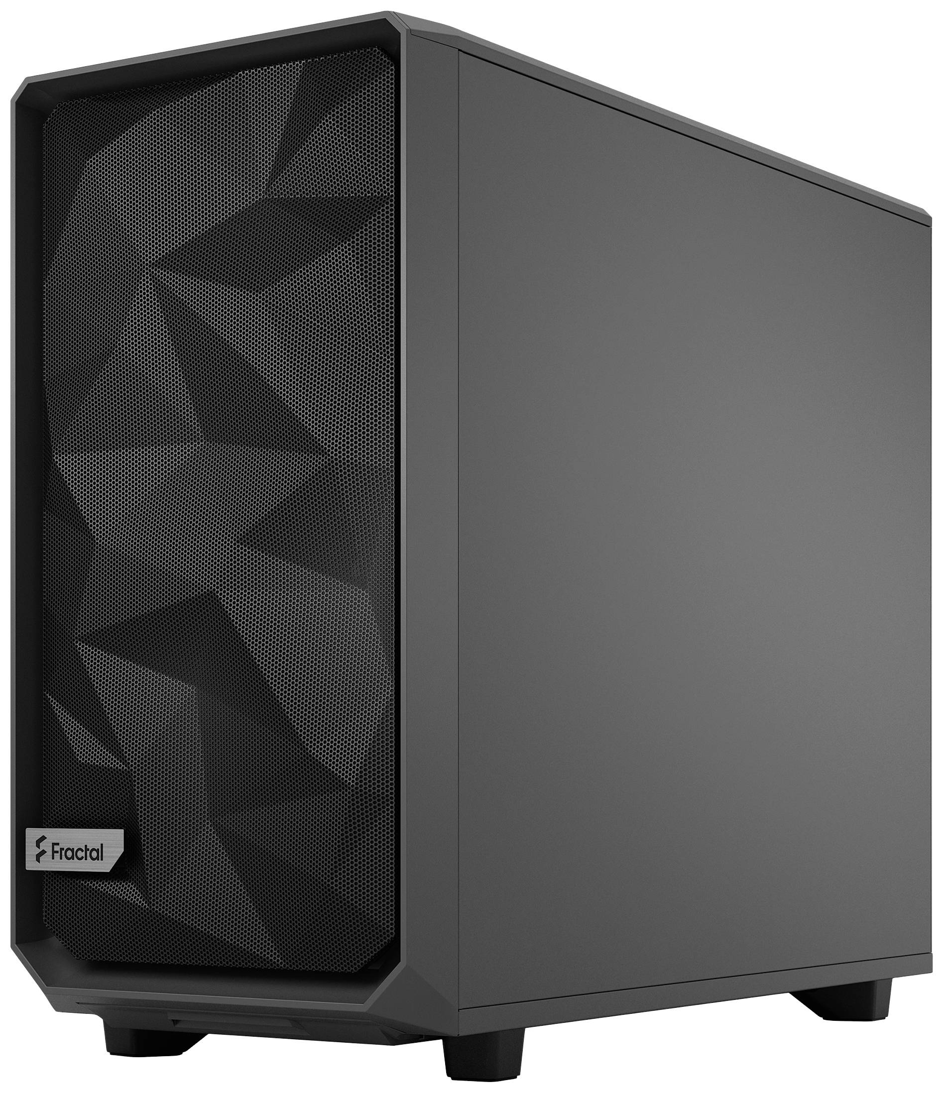 Ein schwarzes Computergehäuse mit geometrisch gemusterter Frontblende, markiert mit dem Logo 'Fractal'.