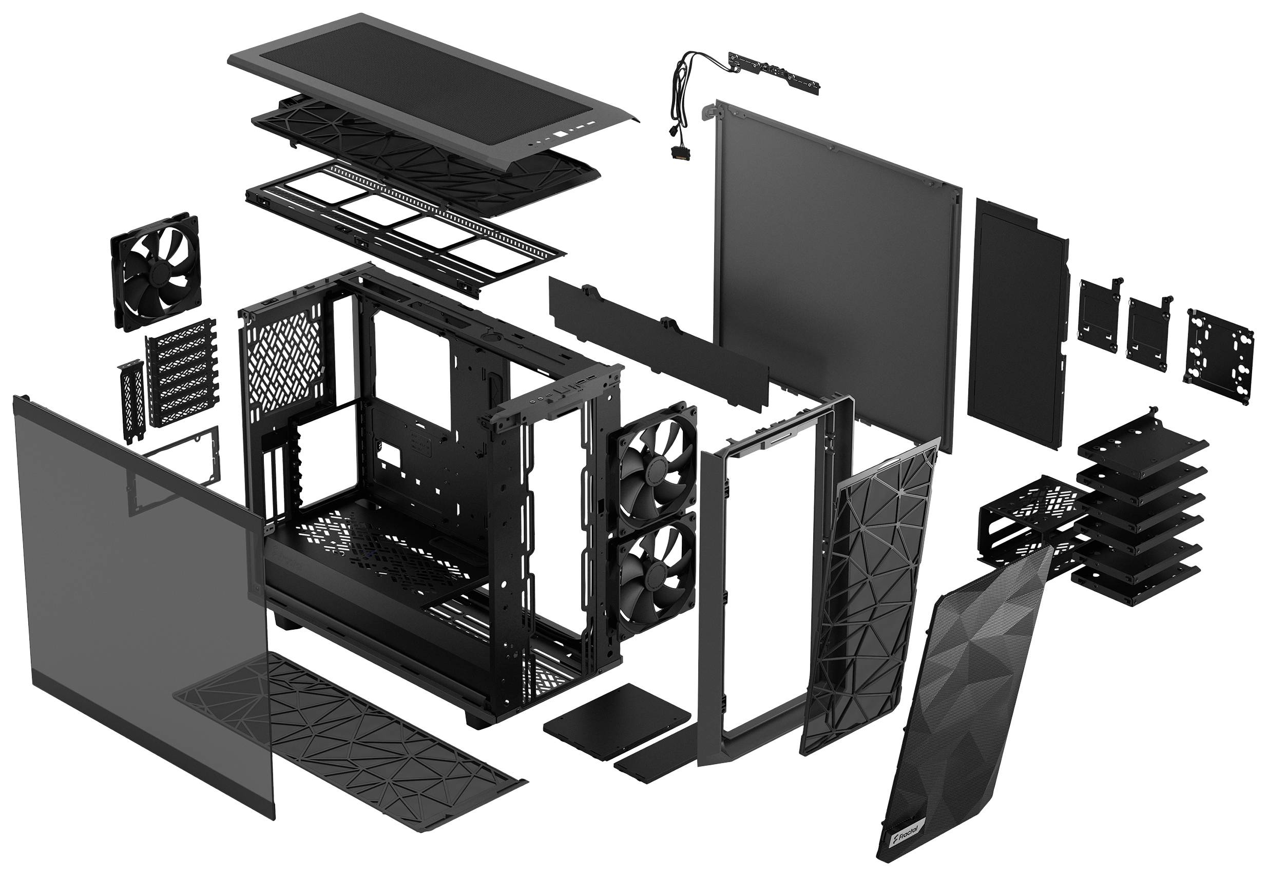 Explosionsansicht eines Computergehäuses mit allen Komponenten, wie Seitenwände, Lüfter, Gehäuse und Abdeckungen, die auseinandergebaut sind.