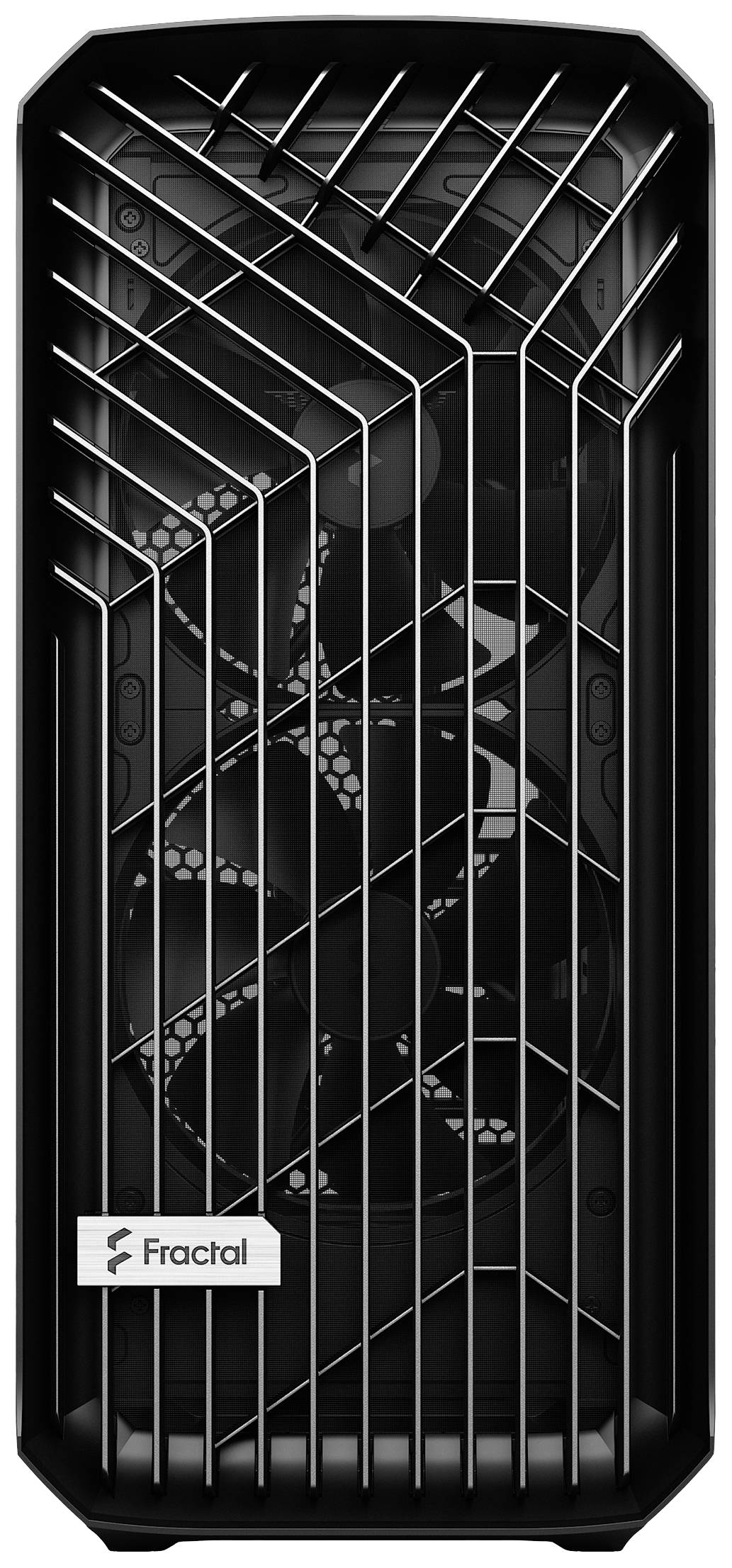 Schwarzes Computergehäuse von vorne mit sichtbaren Lüftern hinter einem Gitterdesign, Markenlogo unten links.