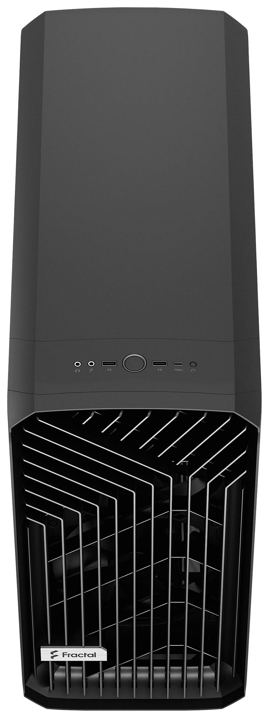 Ein schwarzes Desktop-Computergehäuse mit modernem Design. Vorne befinden sich ein Netz und Anschlüsse. Perfekt für PC-Bastler.