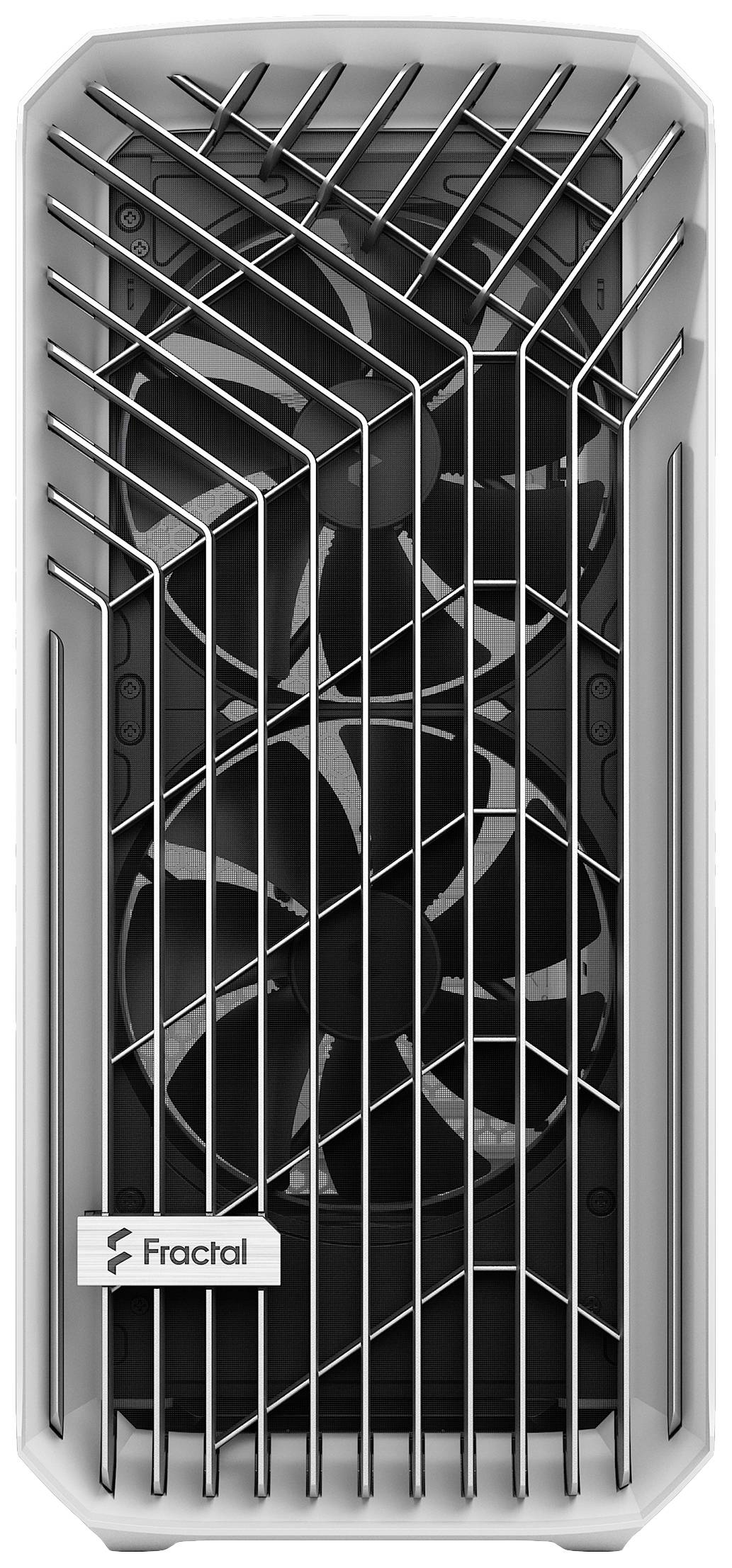 Ein Computergehäuse mit zwei großen Lüftern hinter einer futuristischen Front, die ein geometrisches Gittermuster zeigt.