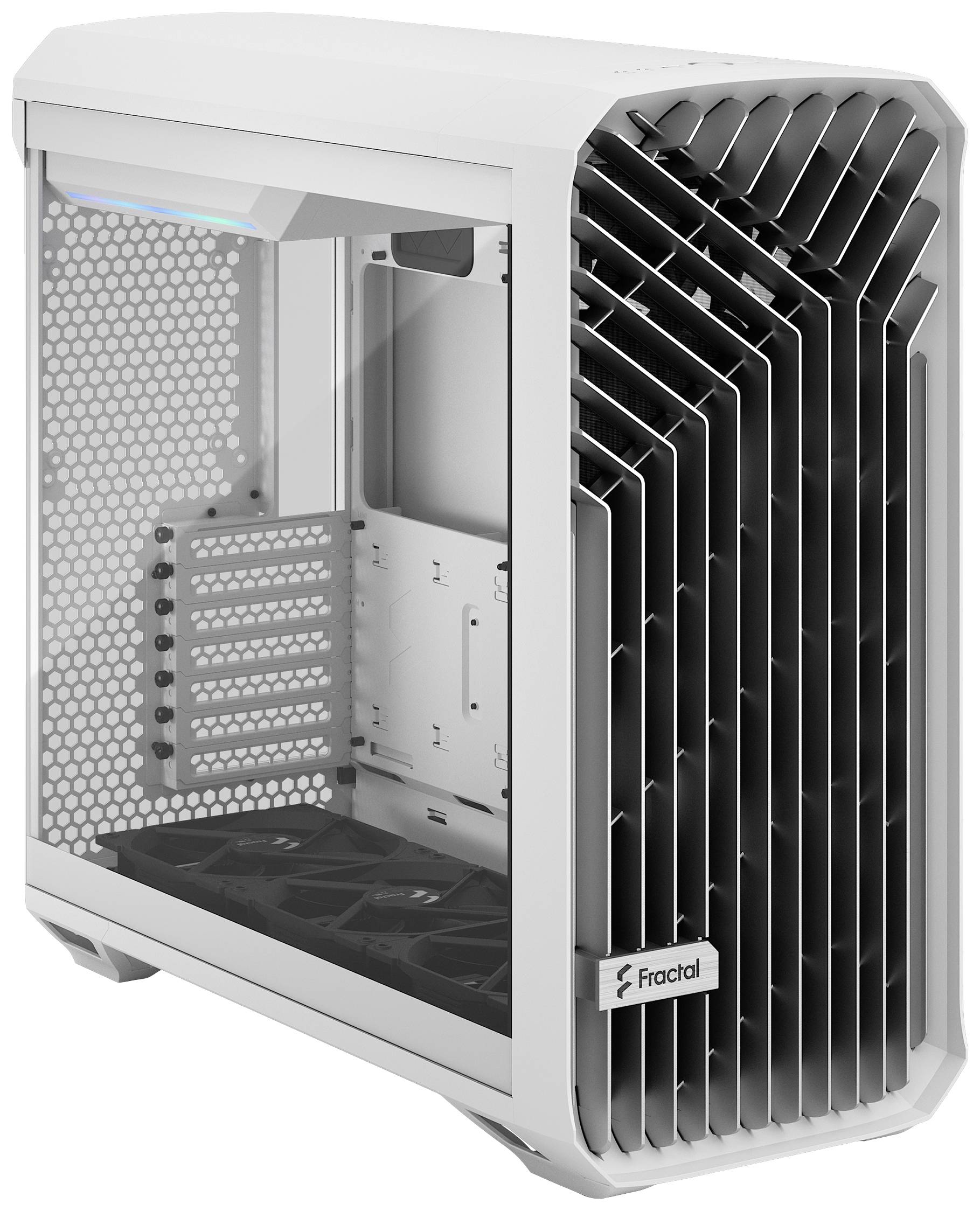 Weißes Computergehäuse mit Mesh-Front, drei Lüftern und Seitenteil aus Glas. Geeignet für ATX-Motherboards.
