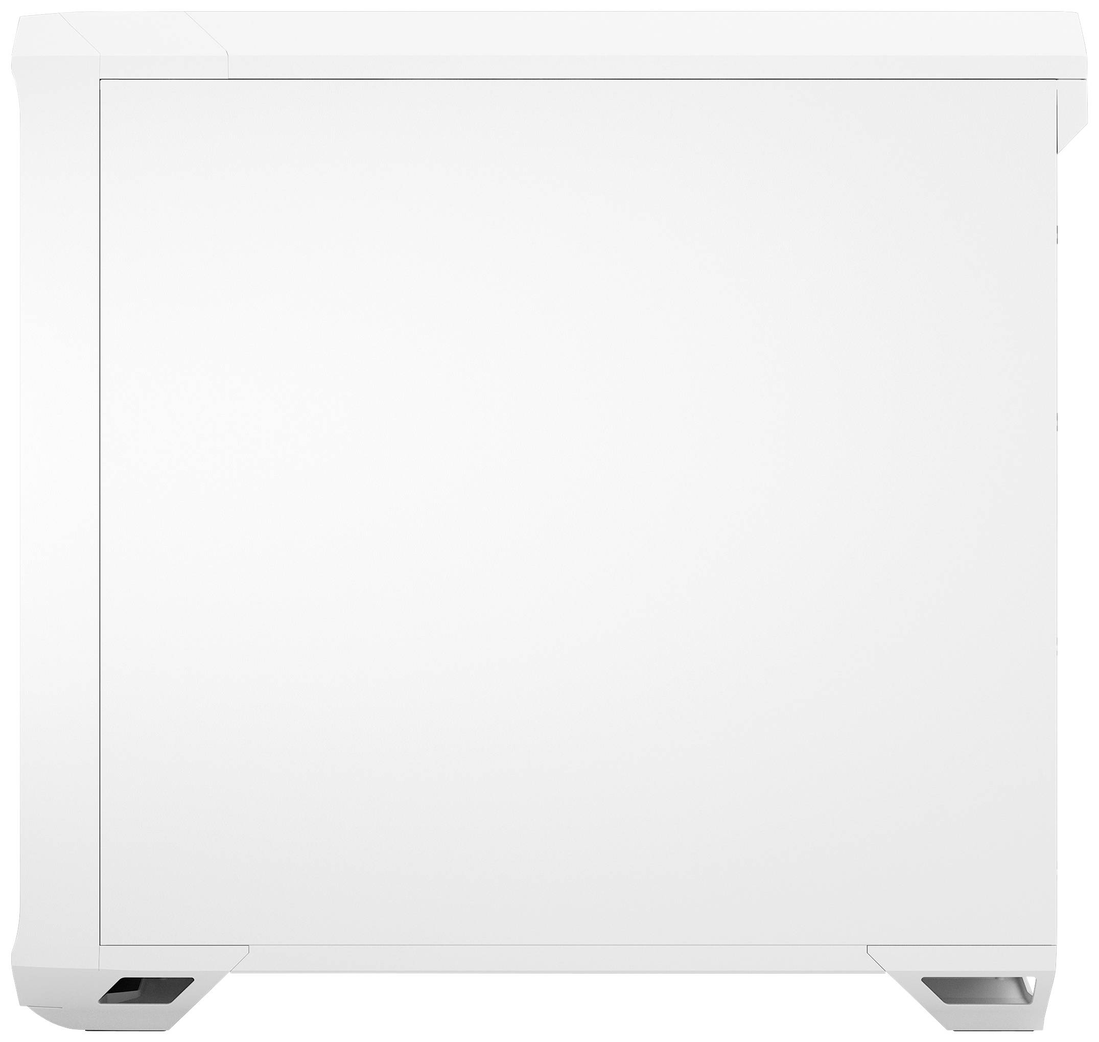 Weiße Metallplatte mit zwei entwickelten Füßen, die möglicherweise als Gehäuseseite für einen Computer dient.