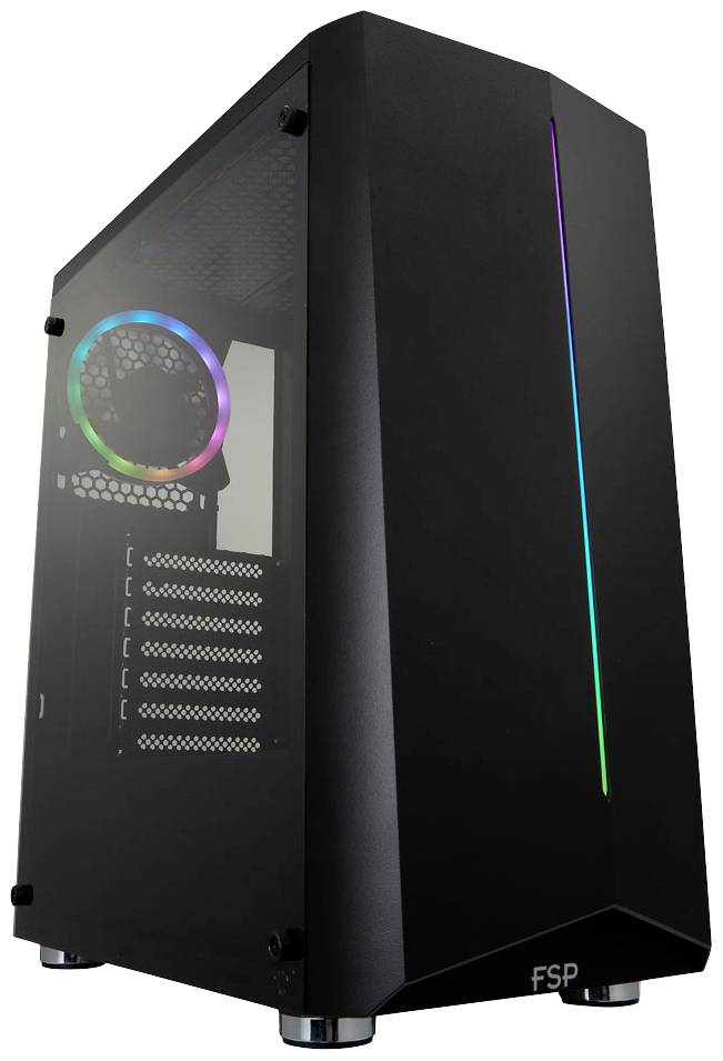 Schwarzes Computergehäuse mit durchsichtigem Seitenpanel. Innen sind bunte LED-Leuchten sichtbar. Ideal für Gaming-PCs.