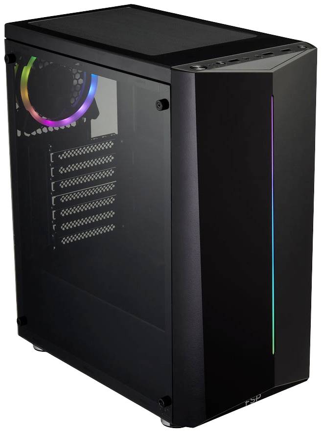 Schwarzes Computergehäuse mit seitlichem Sichtfenster und RGB-Beleuchtung, zeigt Lüfter und Erweiterungsschächte im Inneren.