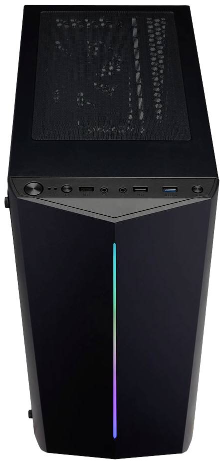 Ein schwarzes Computergehäuse mit buntem Lichtstreifen an der Vorderseite, zeigt mehrere USB-Anschlüsse und einen Einschaltknopf oben.