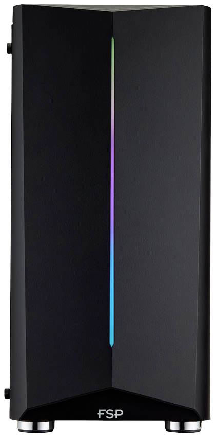 Schwarzer Computer-Tower mit schlichter Vorderseite, vertikaler LED-Lichtleiste in der Mitte, markiert mit 'FSP' unten.