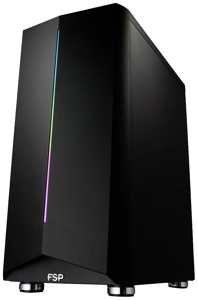 Schwarzes PC-Gehäuse mit vertikalem RGB-Lichtstreifen auf der Vorderseite, silberne Füße, Markenlogo 'FSP' unten.