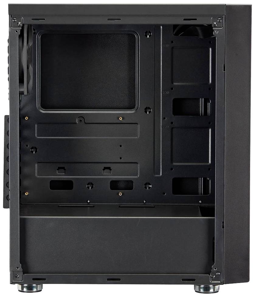 Schwarzes PC-Gehäuse mit geöffnetem Seitenpanel, zeigt leeren Innenraum mit Halterungen für Komponenten. Geeignet für Computerbau.