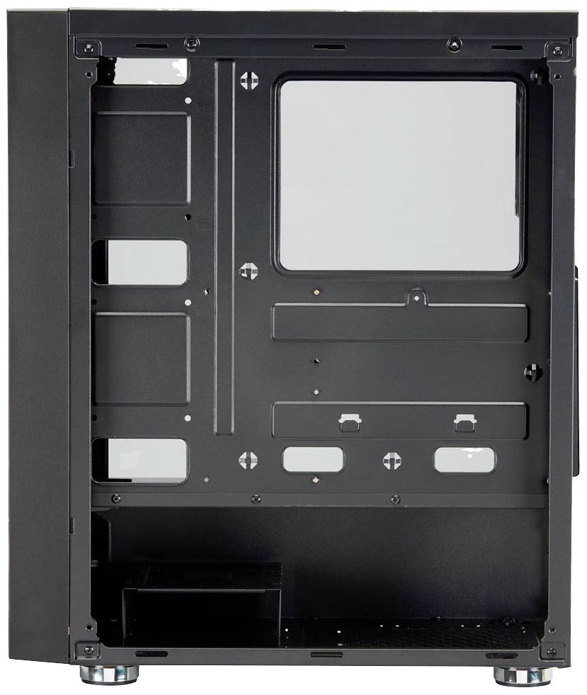 Schwarzes Computergehäuse mit offenem Seitenteil, zeigt Innenstruktur mit Platz für Mainboard, Laufwerke und Kabelführung.