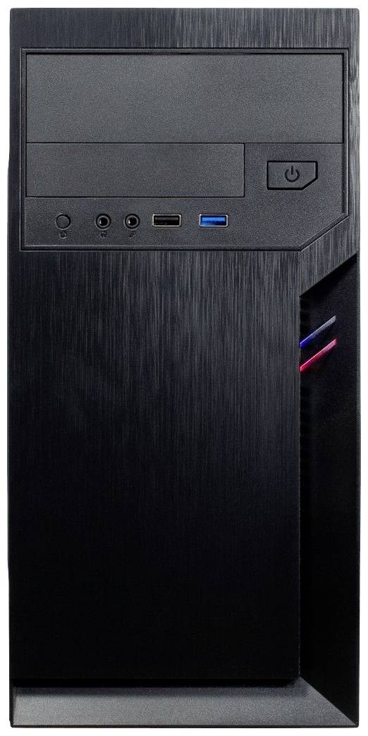 Schwarzes Computergehäuse mit mehreren Anschlüssen vorne, darunter USB, Audio und Power-Knopf. Ventilationsschlitze seitlich sichtbar.