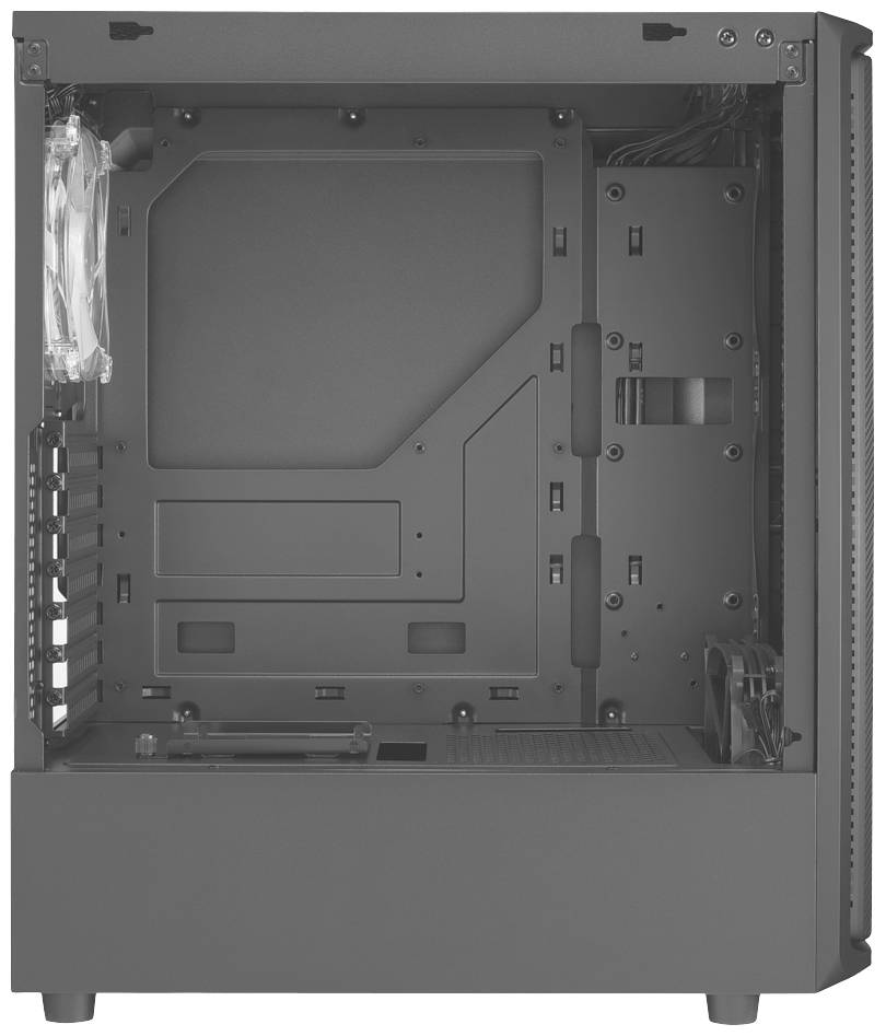 Ein leeres Computergehäuse von innen. Sichtbar sind die Montageplätze für Hardware-Komponenten und Lüfter. Keine eingebauten Teile.