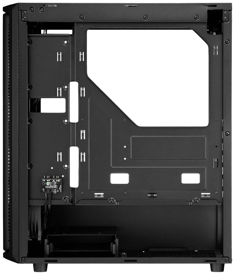 Schwarzes PC-Gehäuse ohne Komponenten, zeigt die interne Struktur mit Kabelmanagement-Öffnungen und Laufwerksschächten.