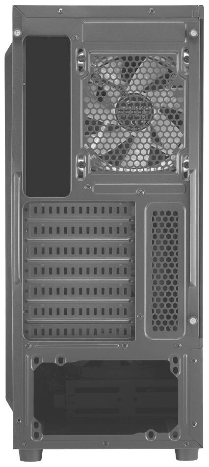Rückansicht eines Computergehäuses mit Lüfter, mehreren Steckplatzöffnungen und einem Netzteilbereich unten.
