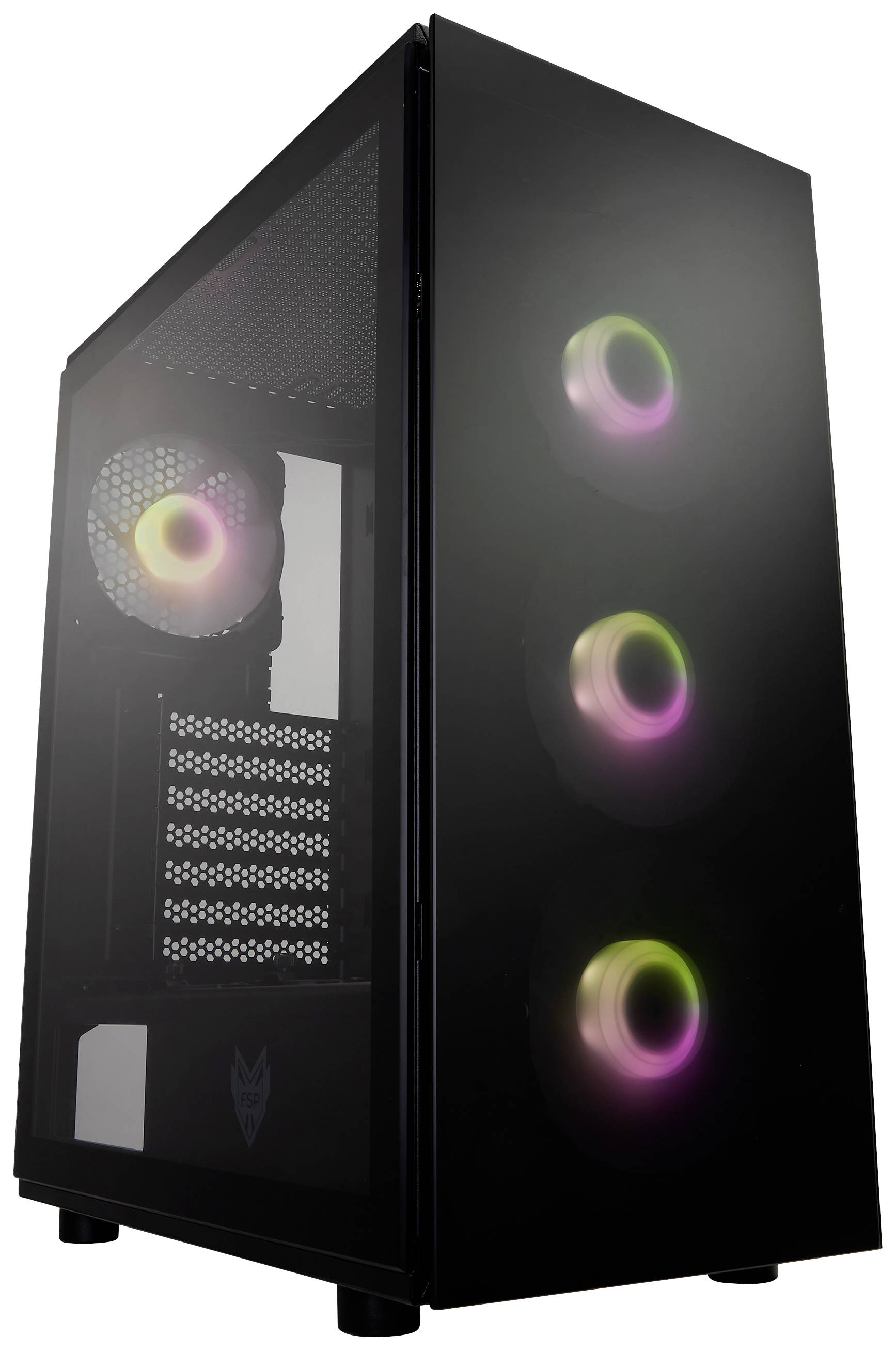 Computertower mit drei rotierenden, leuchtenden Lüftern an der Vorderseite und einem beleuchteten Lüfter im Inneren, durchsichtiges Seitenteil.