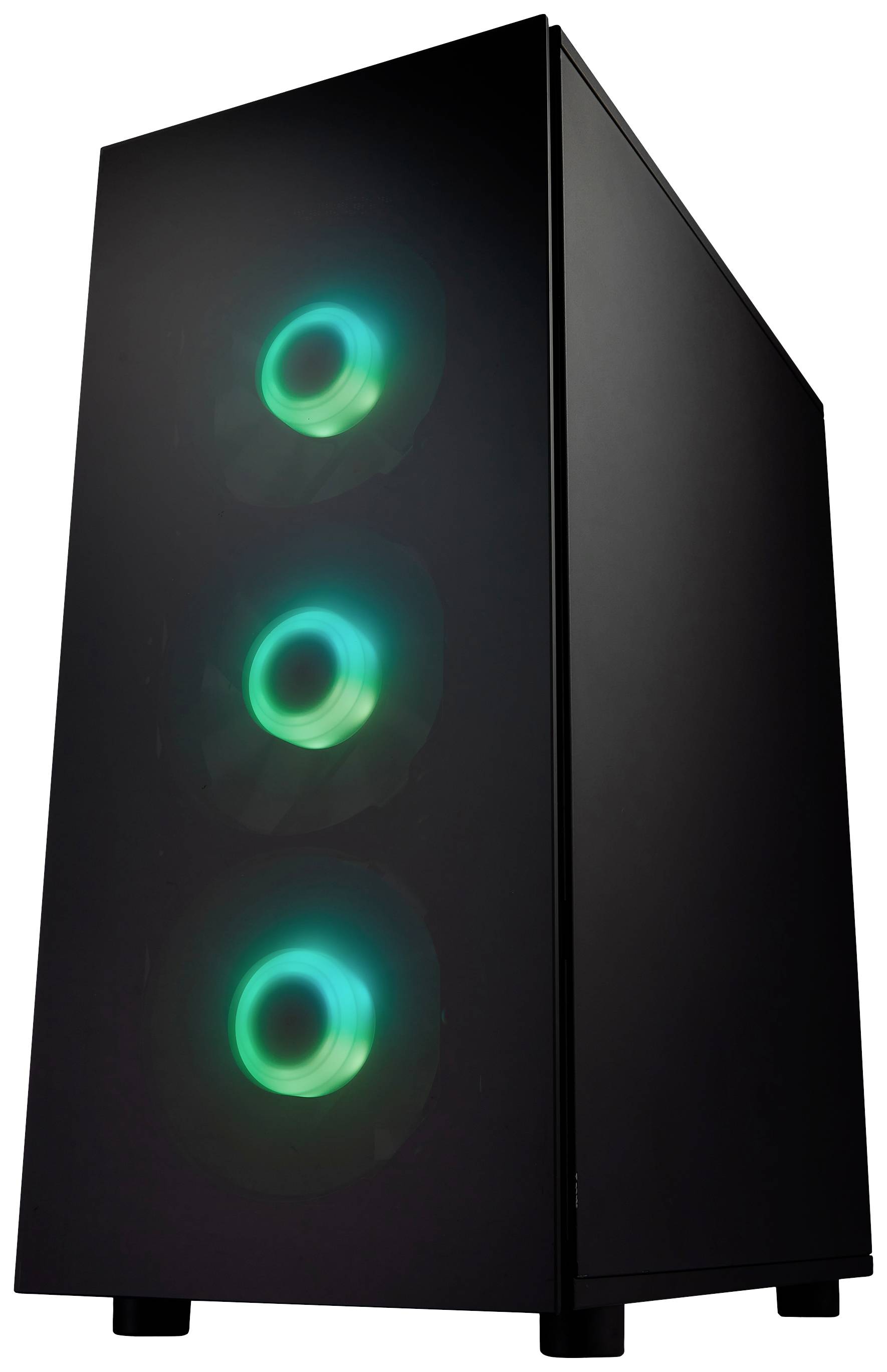Schwarzes PC-Gehäuse mit drei leuchtenden, grünen Lüftern auf der Vorderseite.
