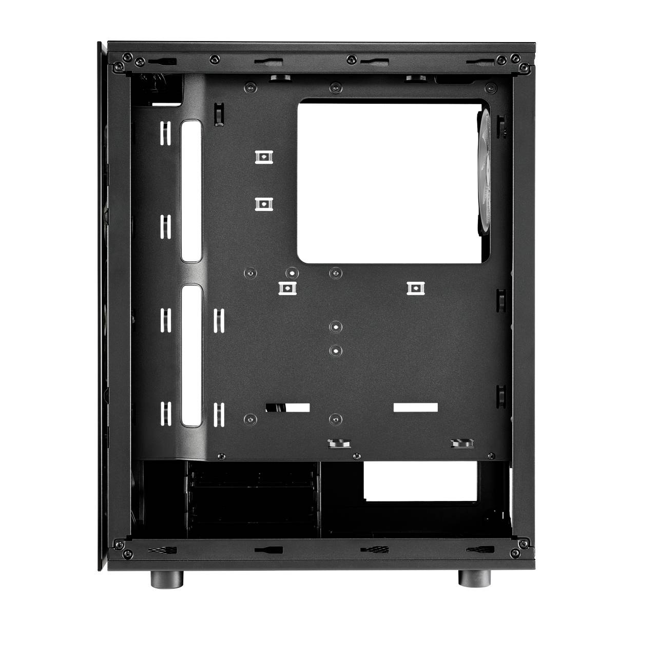 Ein leerer schwarzer Computergehäuserahmen mit freiliegenden Montageschlitzen und Ausschnitten für Hardwareinstallation.
