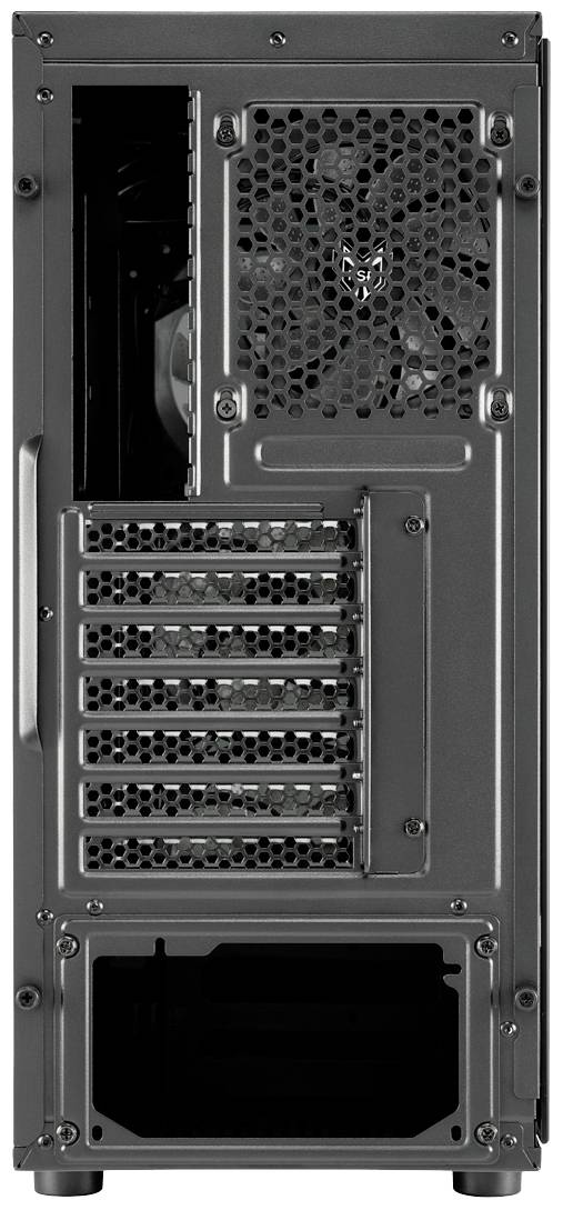 Die Rückseite eines schwarzen Computergehäuses mit Lüfter, mehreren Steckplätzen für Erweiterungskarten und Netzteilöffnung unten.