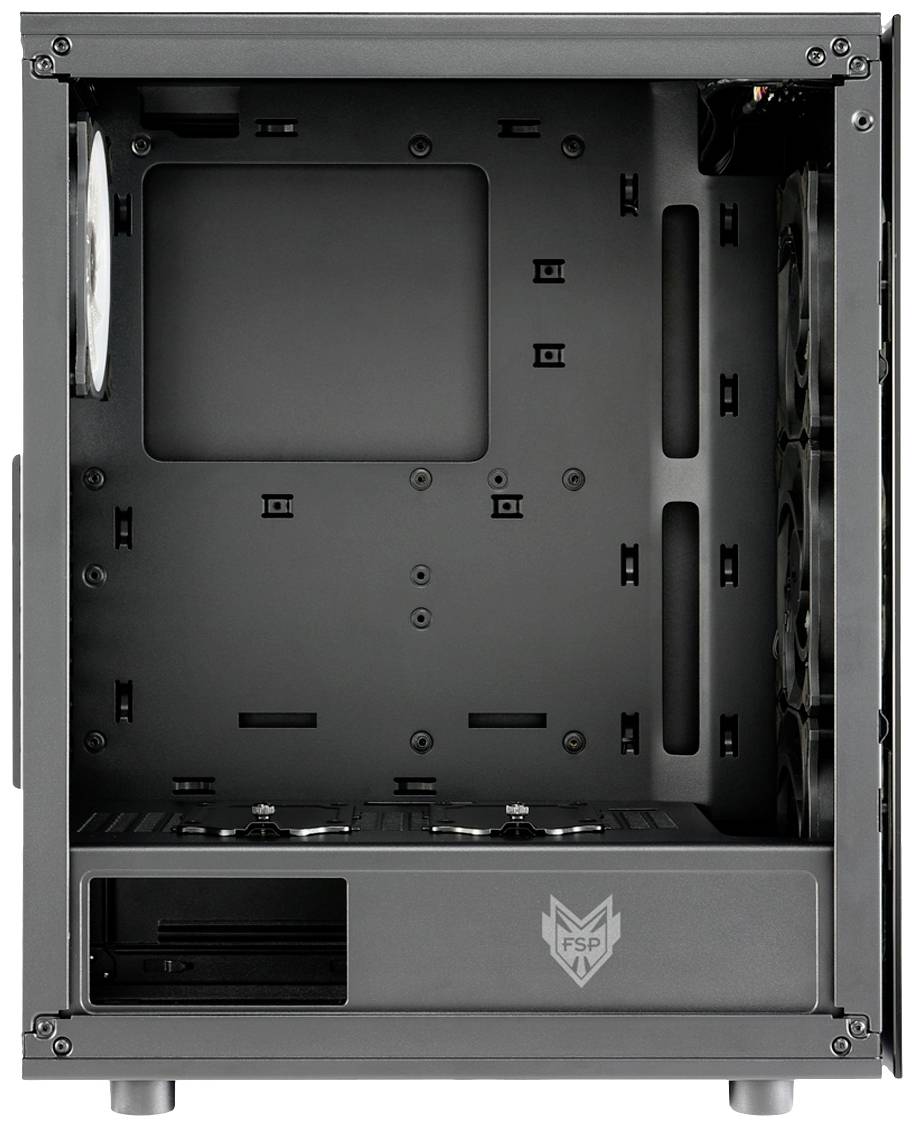 Schwarzes Computergehäuse mit offenem Inneren, zeigt Montageschienen und Platz für Mainboard, Lüfter und Laufwerke.