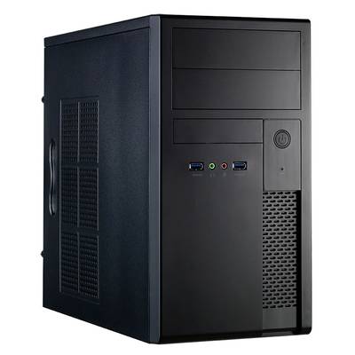 Ein schwarzes PC-Gehäuse mit mehreren USB-Anschlüssen und einem großen Lüftungsgitter an der Vorderseite steht aufrecht.