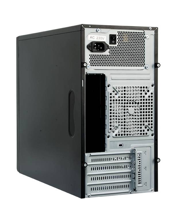 Ein schwarzes Computergehäuse von hinten, zeigt Lüftungsgitter, einen Netzteilanschluss mit der Beschriftung 'AC 230V' und Erweiterungssteckplätze.